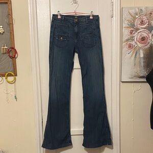 7 For All Mankind Low-Rise Medium Blue Rinse Flare/Wide Leg Trouser Jeans